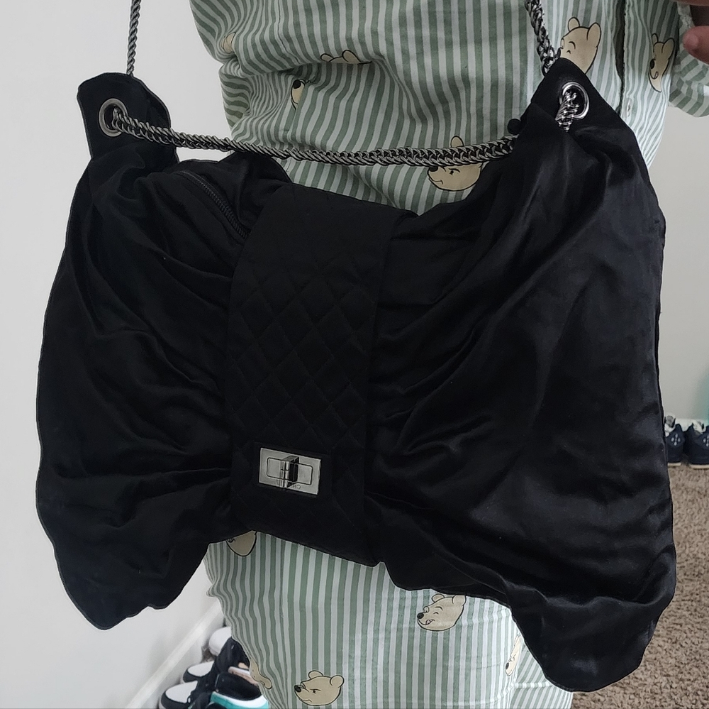 Chanel Black Satin Jumbo Bow Chain Shoulder Bag - Picture 9 of 12